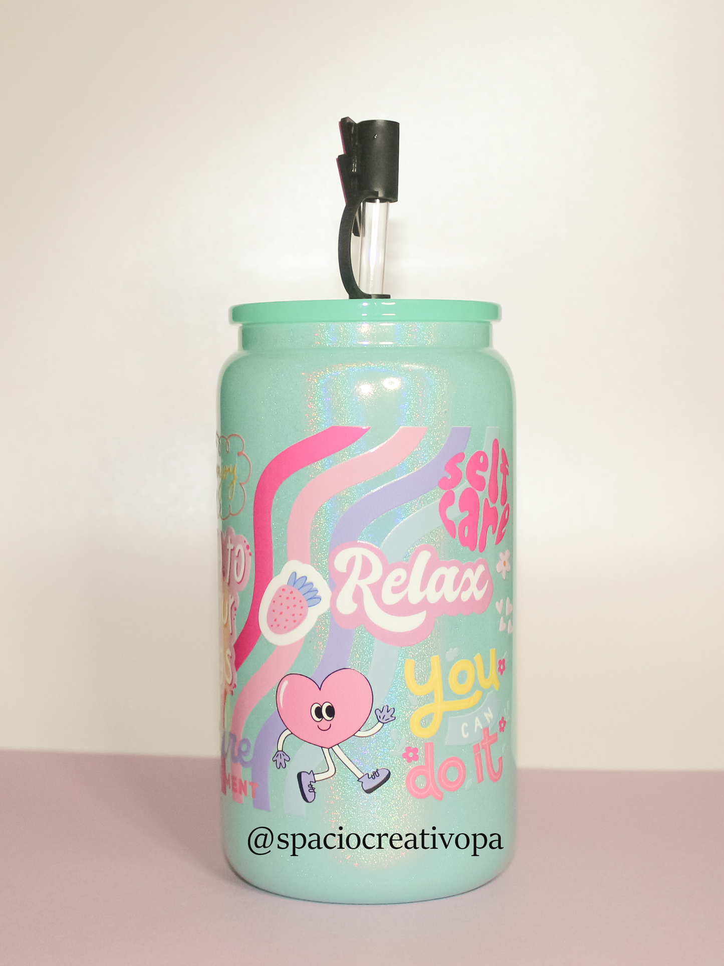 VASO DE VIDRIO SHIMMER 16oz (MENTA) - FRASES