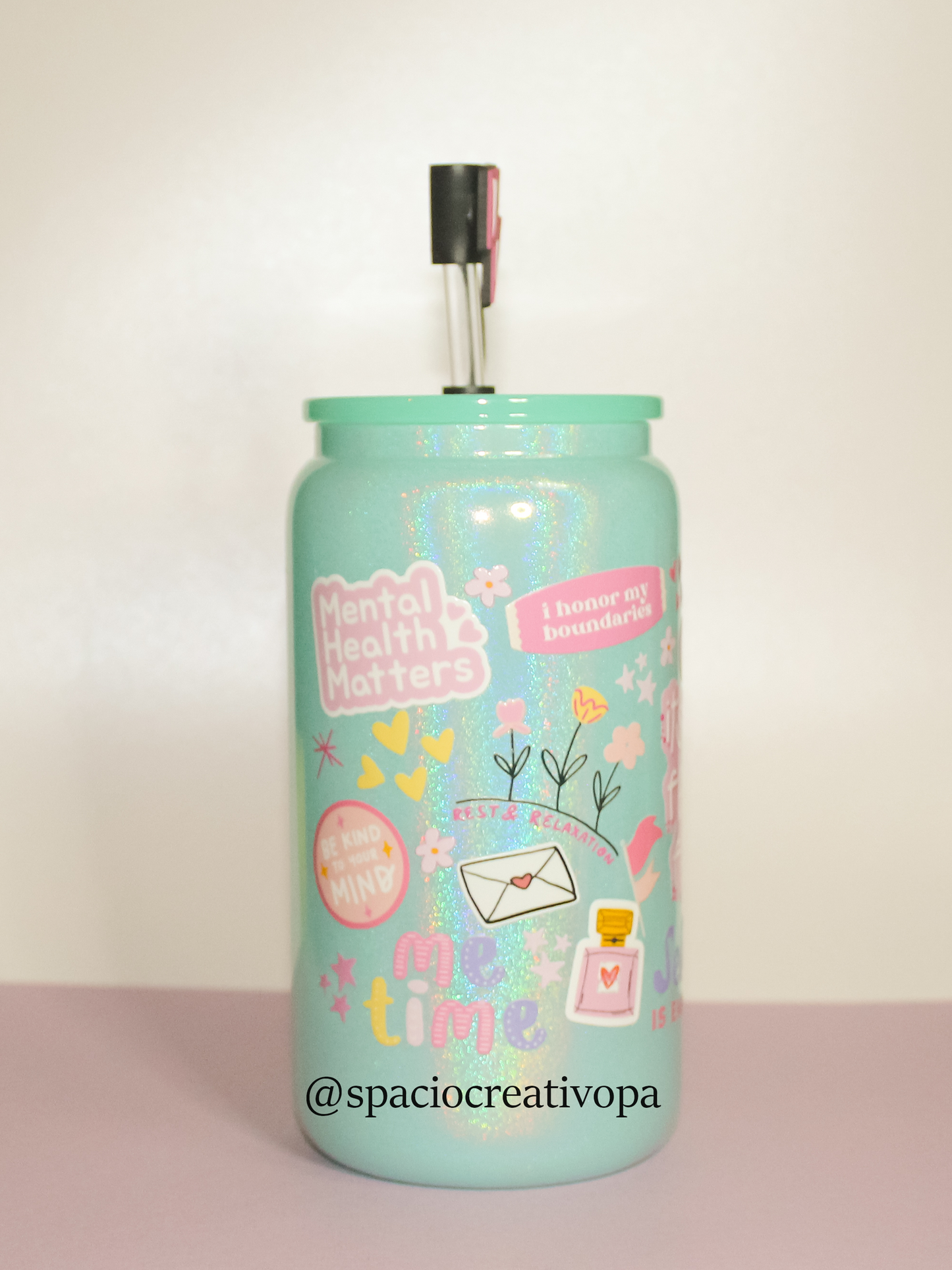 VASO DE VIDRIO SHIMMER 16oz (MENTA) - FRASES