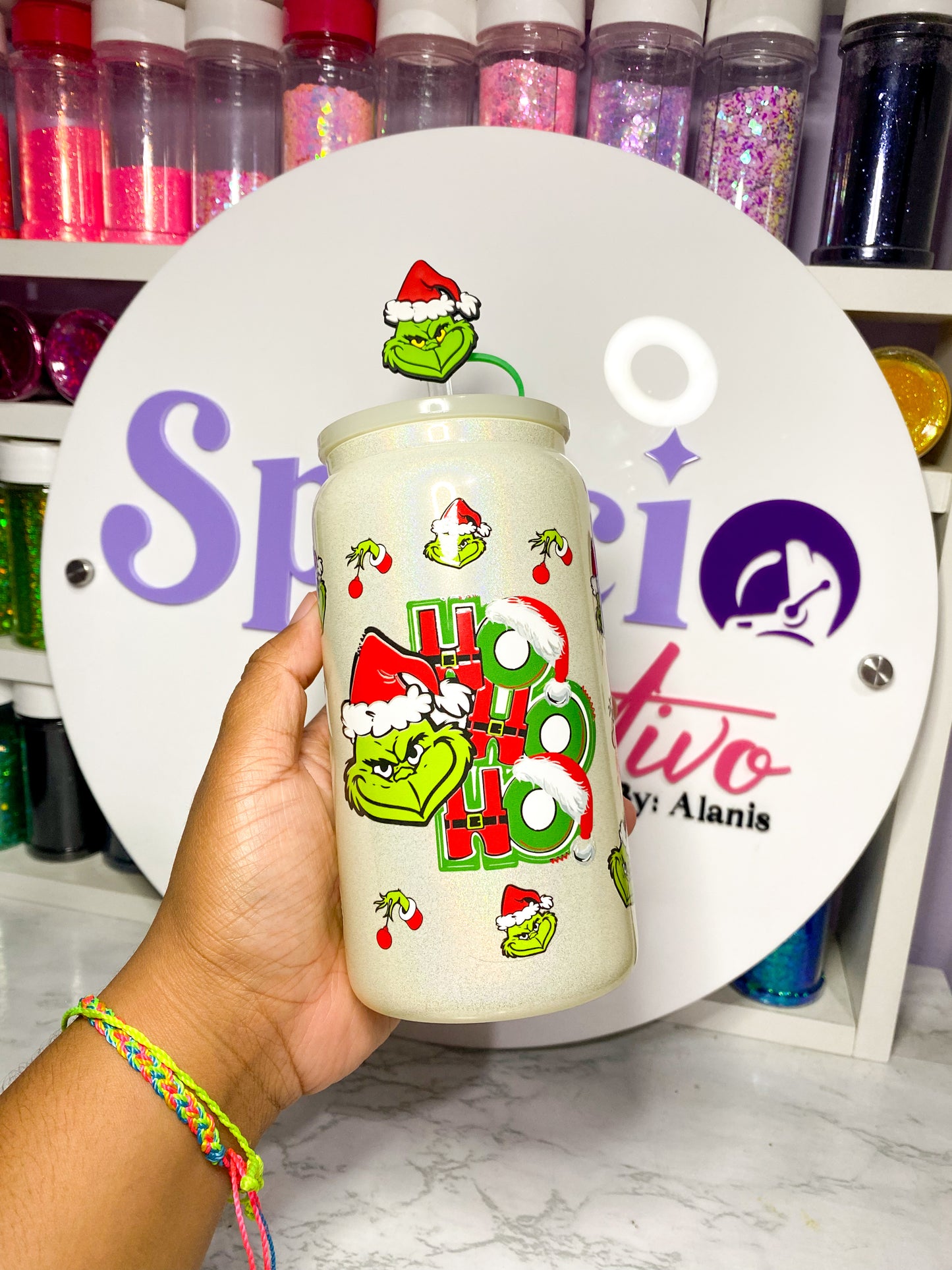 VASO DE VIDRIO SHIMMER 16oz (BLANCO) - HOHOHO GRINCH