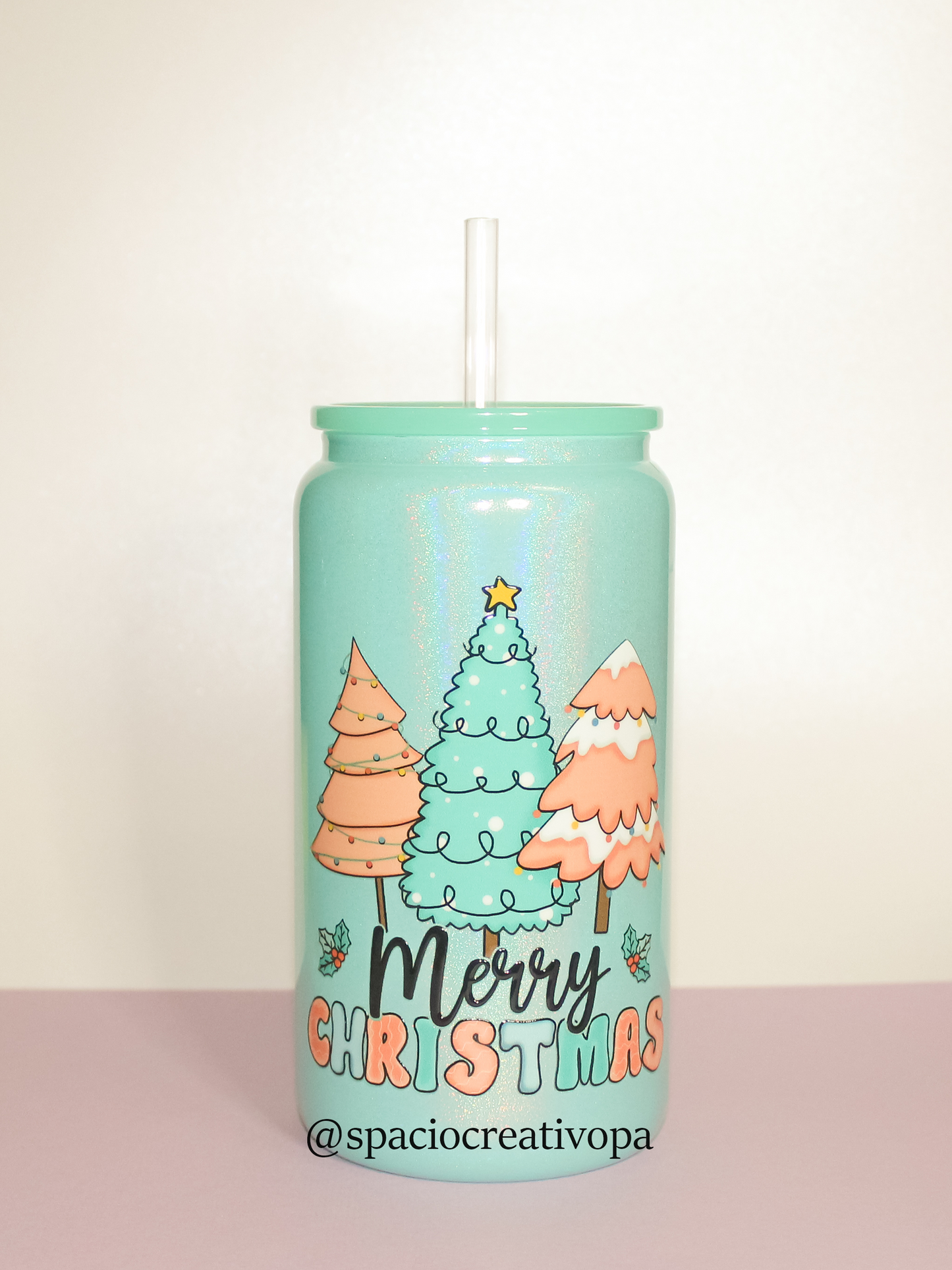 VASO DE VIDRIO SHIMMER 16oz (MENTA) - MERRY CHRISTMAS ARBOLES