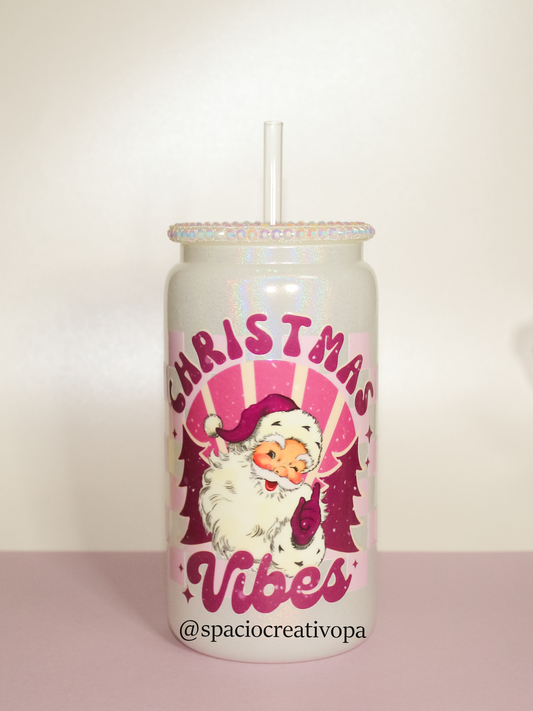 VASO DE VIDRIO SHIMMER 16oz (BLANCO) - CHRISTMAS VIBES