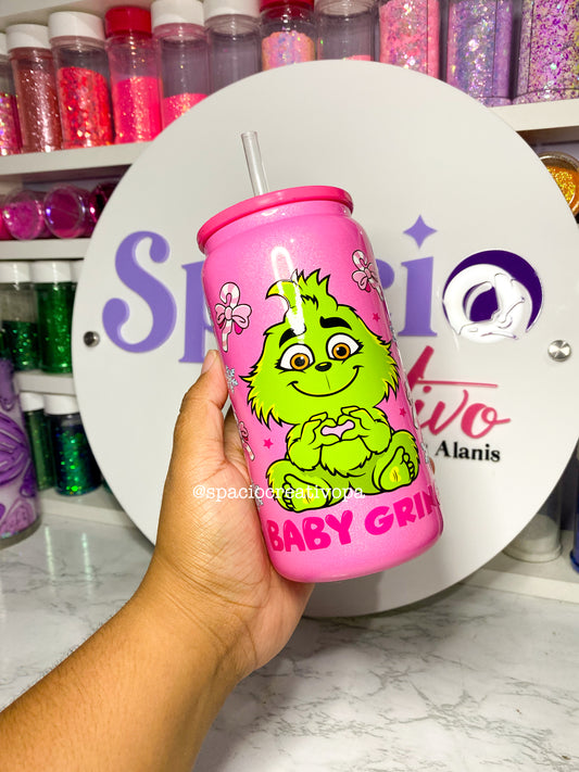 VASO DE VIDRIO SHIMMER 16oz (FUCSIA) - BABY GRINCH