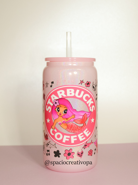 VASO DE VIDRIO SHIMMER 16oz (ROSADO) - Karol G Starbucks